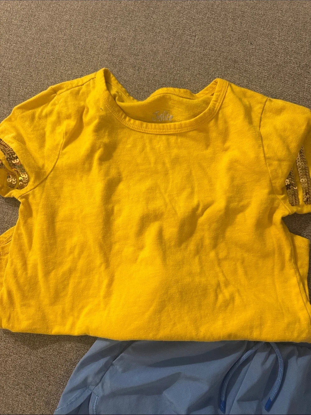 5/$15- Justice Girls Yellow Tee and Light Blue Athletic Shorts Set
